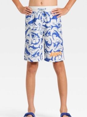Boys' Blue and White Shark-Pattern Swim Trunks with Elastic Waist